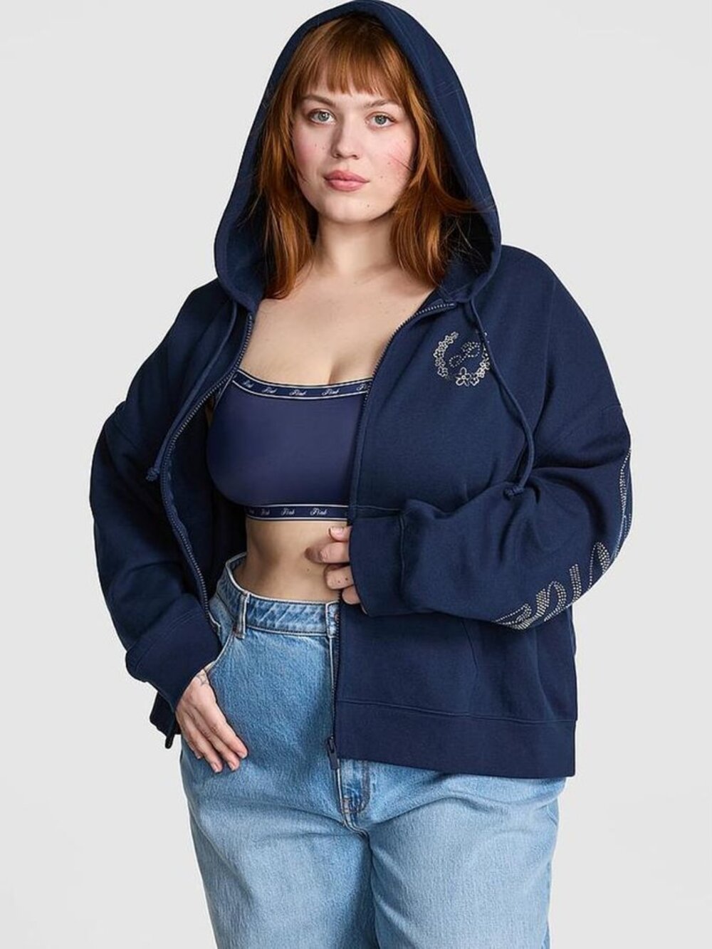 Victoria's Secret PINK Ivy Fleece Campus Full-Zip Hoodie (Navy Floral Bling)